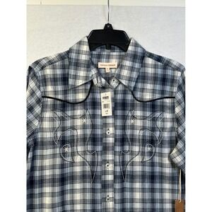 Vintage Threads Womens Western Plaid Star Embroidered Shirt Navy White M NEW